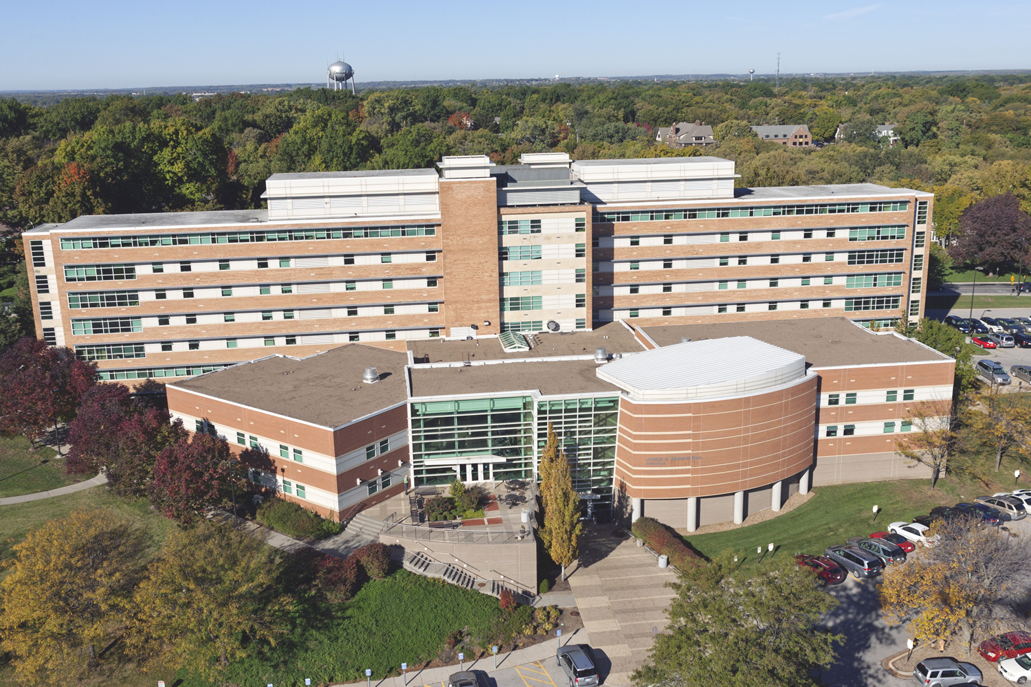 An aerial view of Joseph R. Pearson Hall from the East side